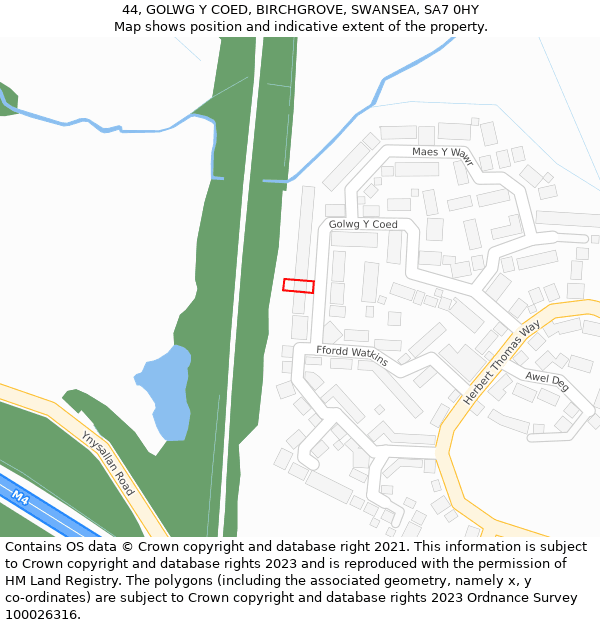 44, GOLWG Y COED, BIRCHGROVE, SWANSEA, SA7 0HY: Location map and indicative extent of plot