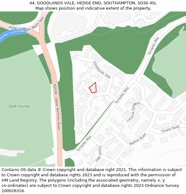 44, GOODLANDS VALE, HEDGE END, SOUTHAMPTON, SO30 4SL: Location map and indicative extent of plot