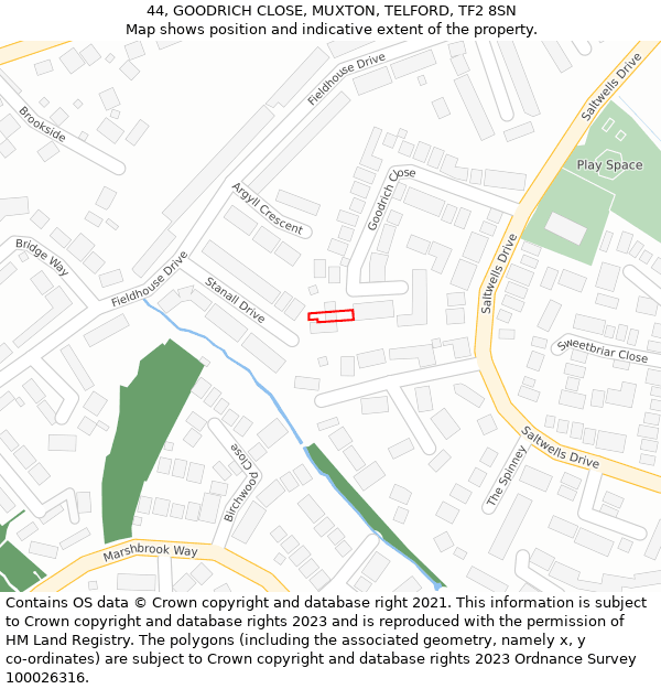 44, GOODRICH CLOSE, MUXTON, TELFORD, TF2 8SN: Location map and indicative extent of plot