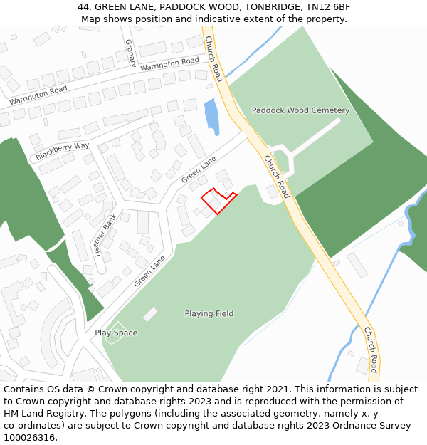44, GREEN LANE, PADDOCK WOOD, TONBRIDGE, TN12 6BF: Location map and indicative extent of plot