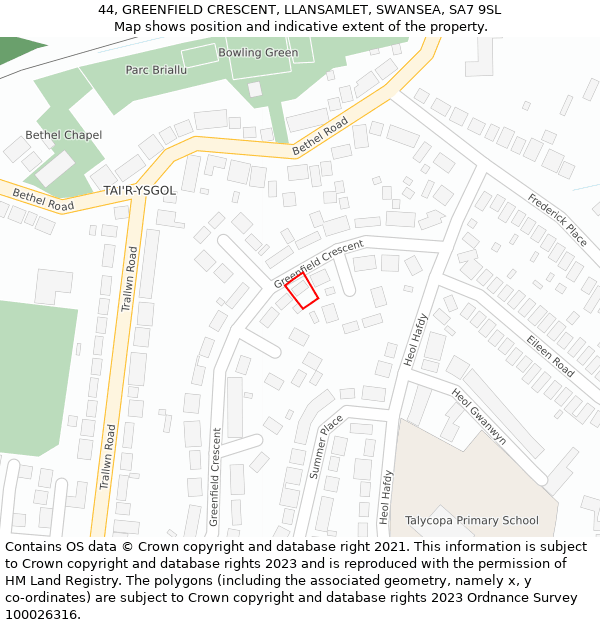 44, GREENFIELD CRESCENT, LLANSAMLET, SWANSEA, SA7 9SL: Location map and indicative extent of plot