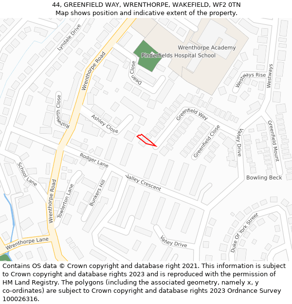 44, GREENFIELD WAY, WRENTHORPE, WAKEFIELD, WF2 0TN: Location map and indicative extent of plot