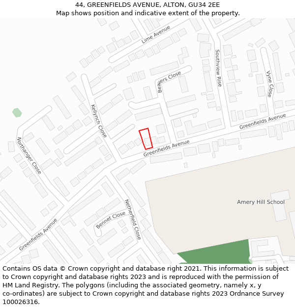 44, GREENFIELDS AVENUE, ALTON, GU34 2EE: Location map and indicative extent of plot