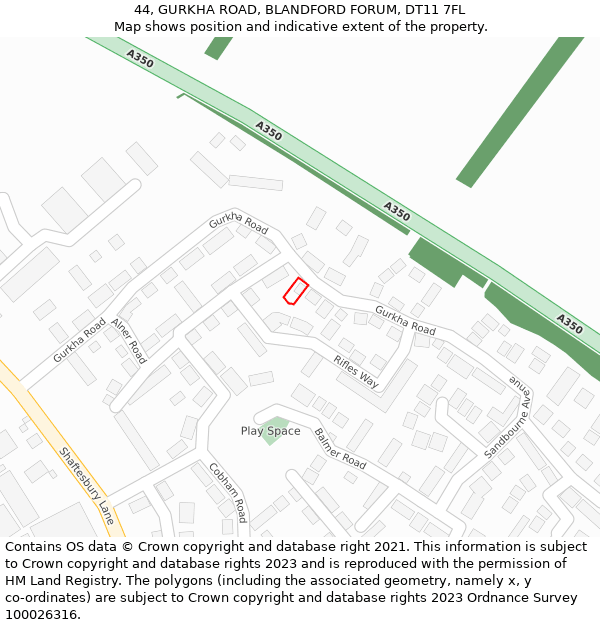 44, GURKHA ROAD, BLANDFORD FORUM, DT11 7FL: Location map and indicative extent of plot