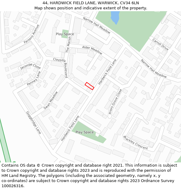 44, HARDWICK FIELD LANE, WARWICK, CV34 6LN: Location map and indicative extent of plot