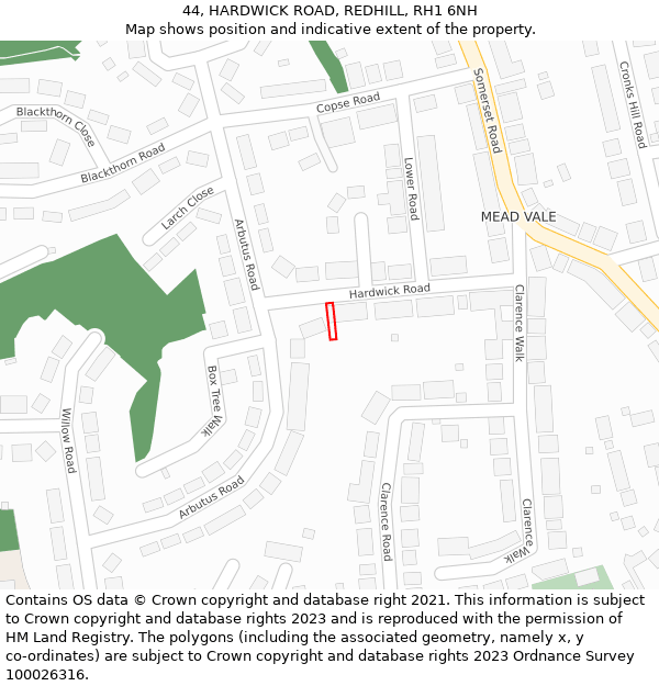 44, HARDWICK ROAD, REDHILL, RH1 6NH: Location map and indicative extent of plot