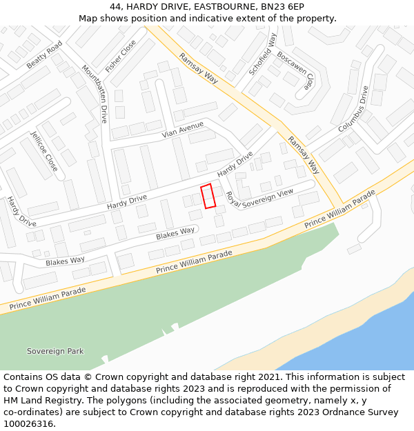 44, HARDY DRIVE, EASTBOURNE, BN23 6EP: Location map and indicative extent of plot