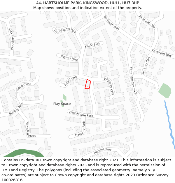 44, HARTSHOLME PARK, KINGSWOOD, HULL, HU7 3HP: Location map and indicative extent of plot