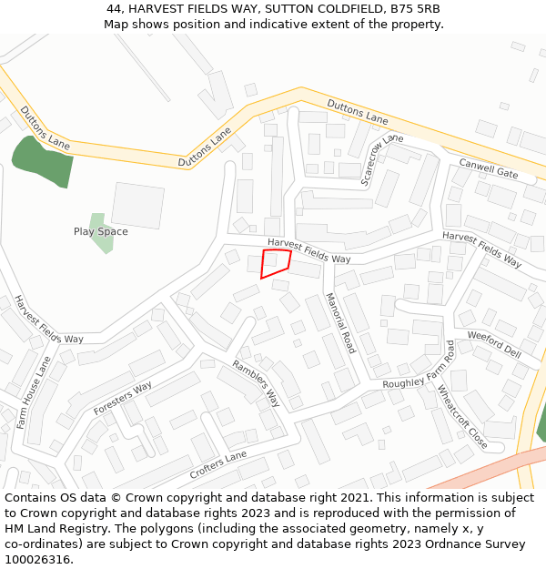 44, HARVEST FIELDS WAY, SUTTON COLDFIELD, B75 5RB: Location map and indicative extent of plot