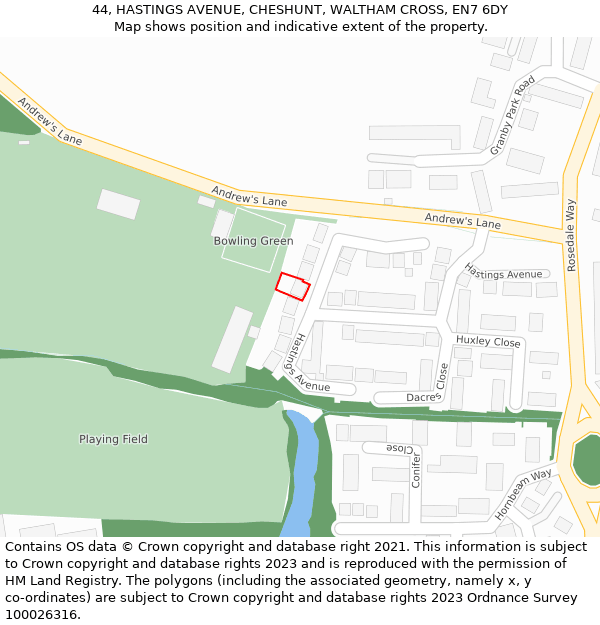 44, HASTINGS AVENUE, CHESHUNT, WALTHAM CROSS, EN7 6DY: Location map and indicative extent of plot
