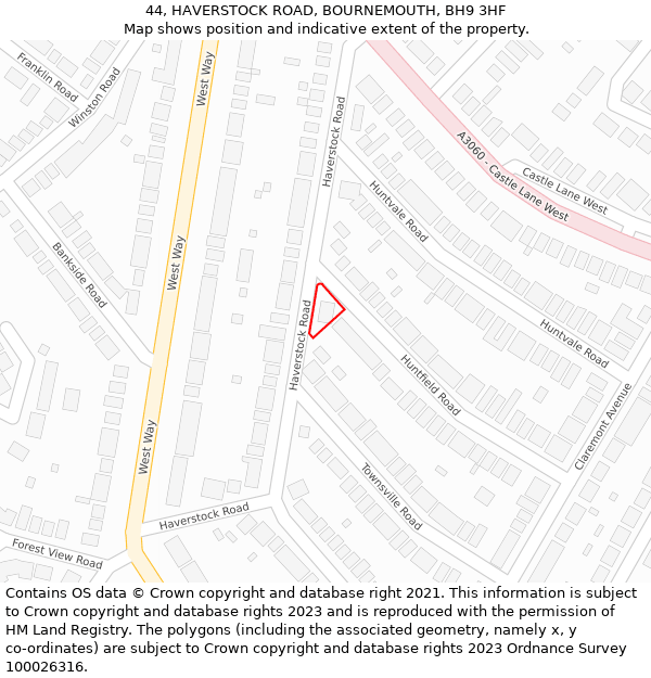 44, HAVERSTOCK ROAD, BOURNEMOUTH, BH9 3HF: Location map and indicative extent of plot