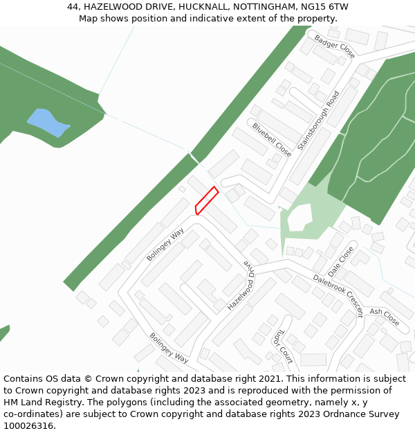 44, HAZELWOOD DRIVE, HUCKNALL, NOTTINGHAM, NG15 6TW: Location map and indicative extent of plot