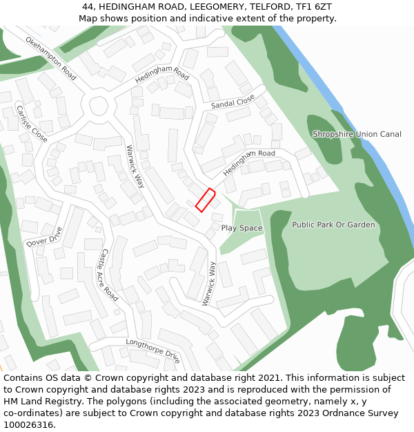 44, HEDINGHAM ROAD, LEEGOMERY, TELFORD, TF1 6ZT: Location map and indicative extent of plot