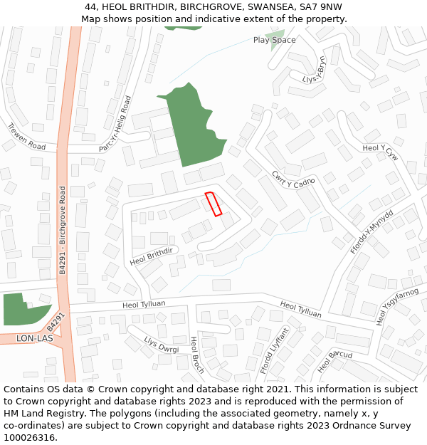 44, HEOL BRITHDIR, BIRCHGROVE, SWANSEA, SA7 9NW: Location map and indicative extent of plot