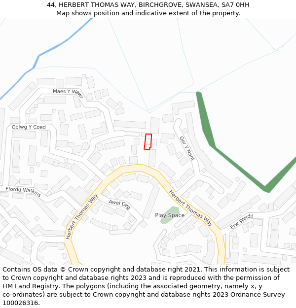 44, HERBERT THOMAS WAY, BIRCHGROVE, SWANSEA, SA7 0HH: Location map and indicative extent of plot