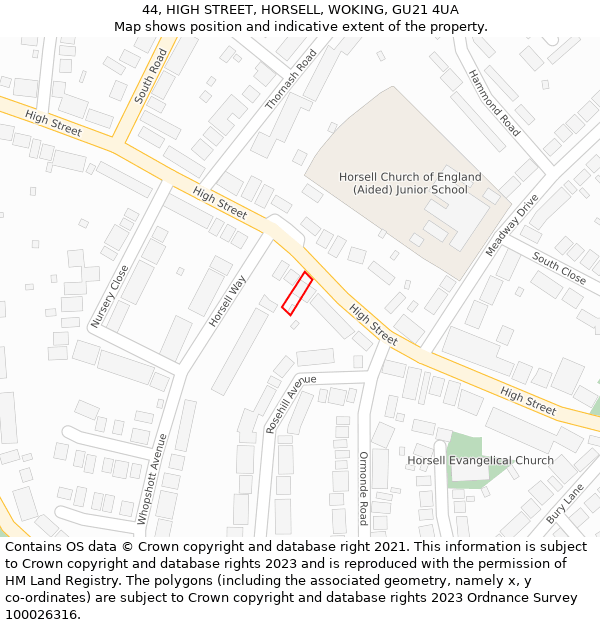44, HIGH STREET, HORSELL, WOKING, GU21 4UA: Location map and indicative extent of plot