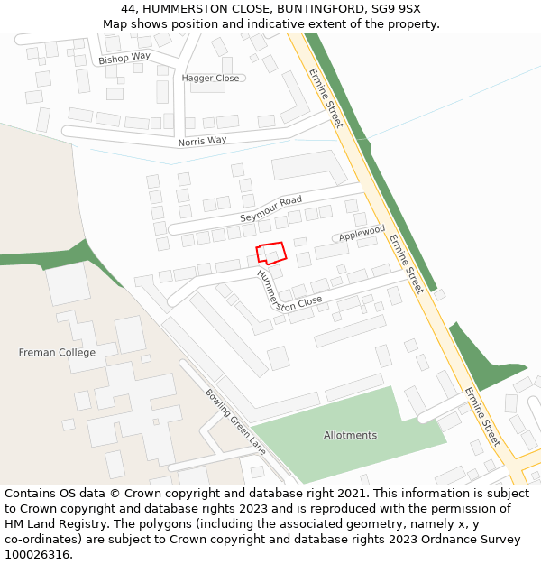 44, HUMMERSTON CLOSE, BUNTINGFORD, SG9 9SX: Location map and indicative extent of plot