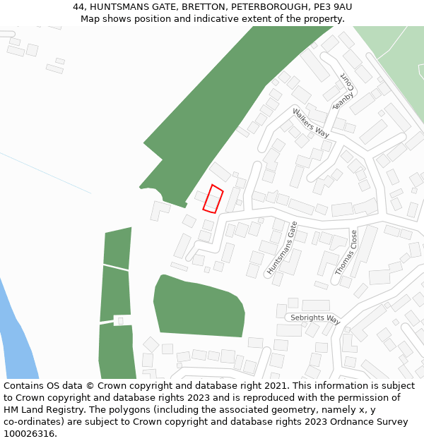 44, HUNTSMANS GATE, BRETTON, PETERBOROUGH, PE3 9AU: Location map and indicative extent of plot