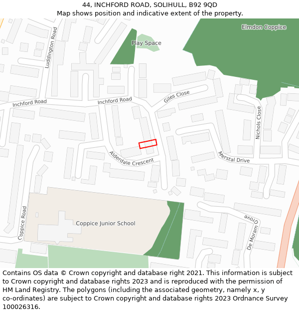 44, INCHFORD ROAD, SOLIHULL, B92 9QD: Location map and indicative extent of plot