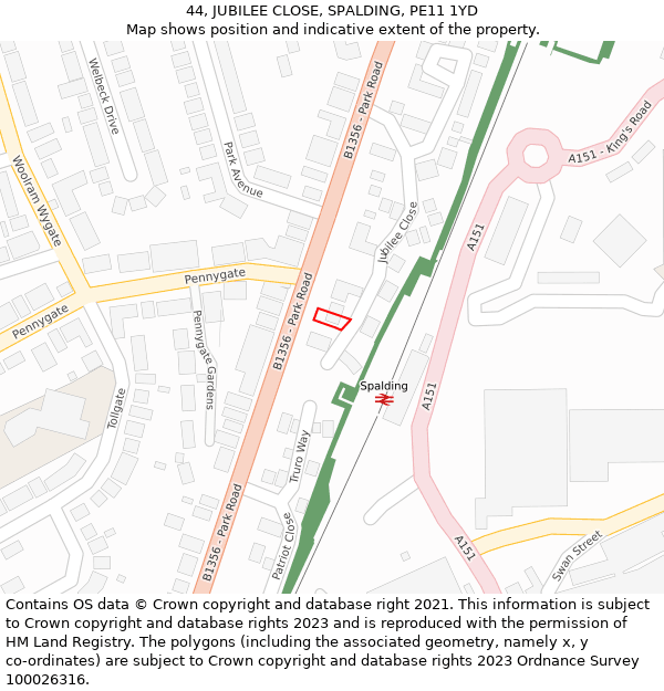 44, JUBILEE CLOSE, SPALDING, PE11 1YD: Location map and indicative extent of plot