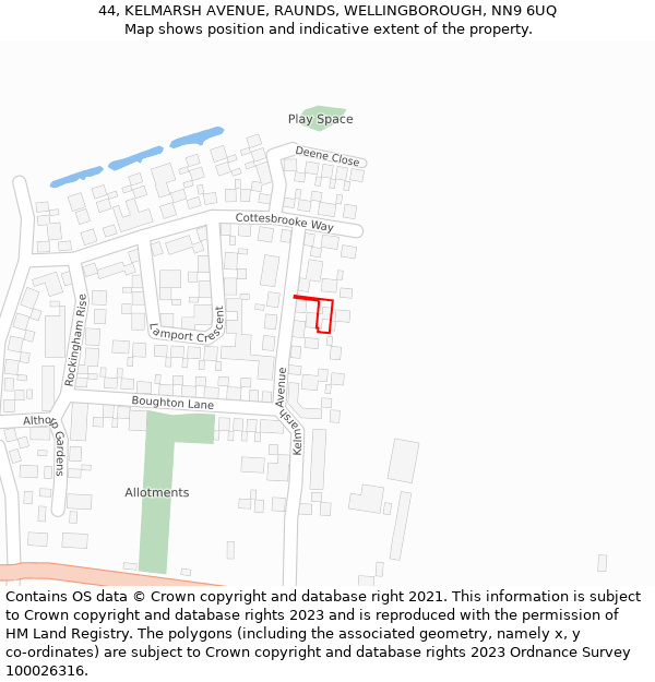 44, KELMARSH AVENUE, RAUNDS, WELLINGBOROUGH, NN9 6UQ: Location map and indicative extent of plot