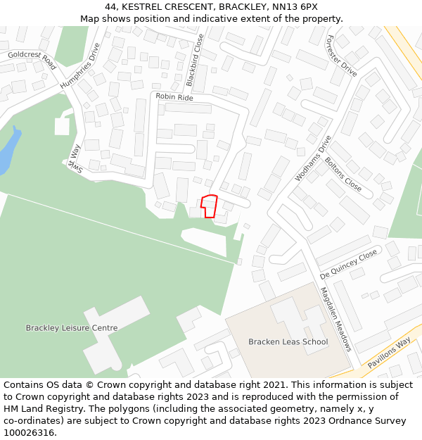 44, KESTREL CRESCENT, BRACKLEY, NN13 6PX: Location map and indicative extent of plot