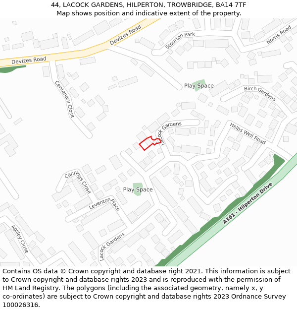 44, LACOCK GARDENS, HILPERTON, TROWBRIDGE, BA14 7TF: Location map and indicative extent of plot