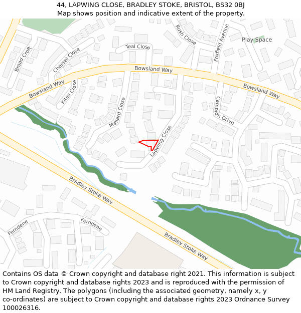 44, LAPWING CLOSE, BRADLEY STOKE, BRISTOL, BS32 0BJ: Location map and indicative extent of plot