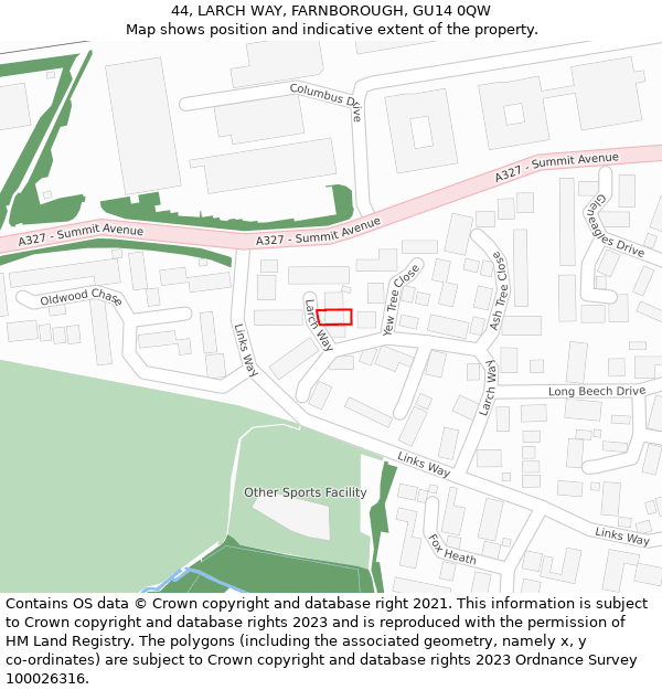 44, LARCH WAY, FARNBOROUGH, GU14 0QW: Location map and indicative extent of plot