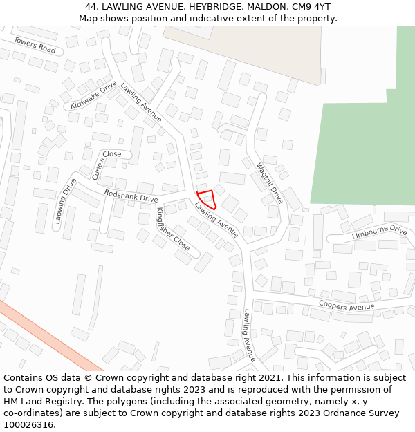 44, LAWLING AVENUE, HEYBRIDGE, MALDON, CM9 4YT: Location map and indicative extent of plot