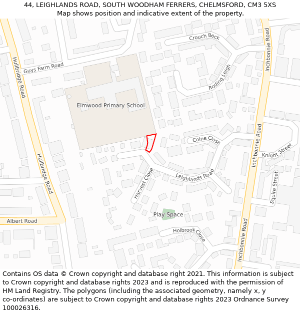 44, LEIGHLANDS ROAD, SOUTH WOODHAM FERRERS, CHELMSFORD, CM3 5XS: Location map and indicative extent of plot