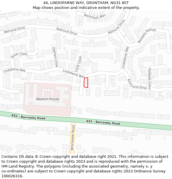 44, LINDISFARNE WAY, GRANTHAM, NG31 8ST: Location map and indicative extent of plot