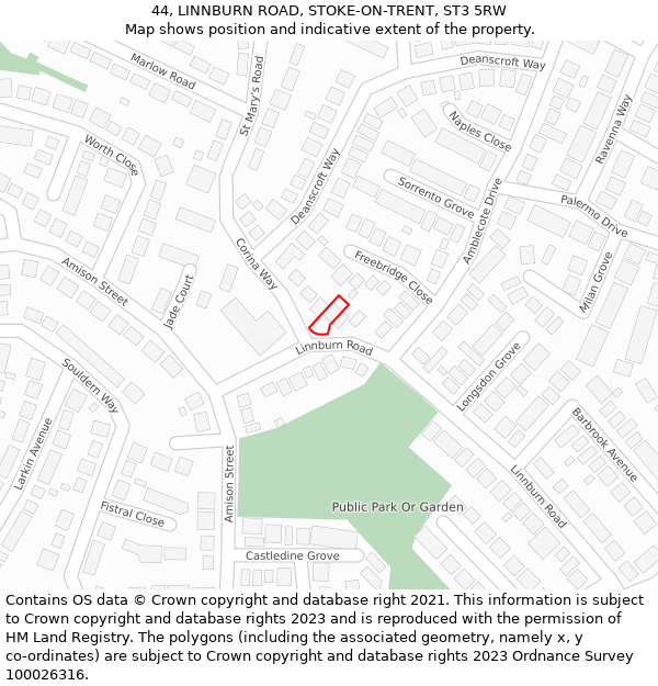 44, LINNBURN ROAD, STOKE-ON-TRENT, ST3 5RW: Location map and indicative extent of plot