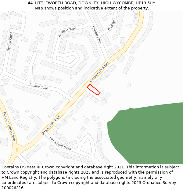 44, LITTLEWORTH ROAD, DOWNLEY, HIGH WYCOMBE, HP13 5UY: Location map and indicative extent of plot