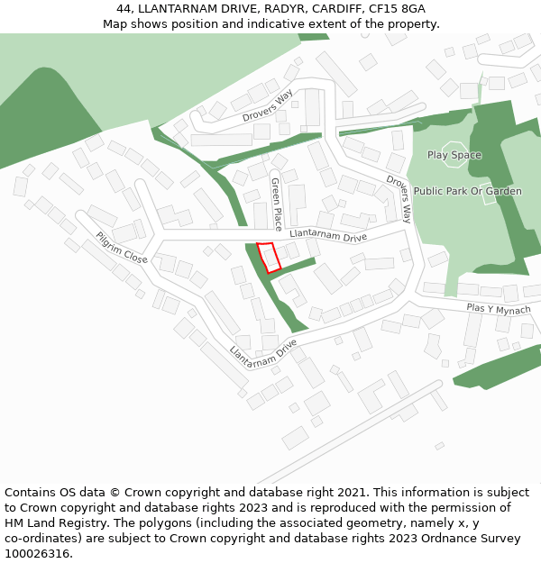 44, LLANTARNAM DRIVE, RADYR, CARDIFF, CF15 8GA: Location map and indicative extent of plot