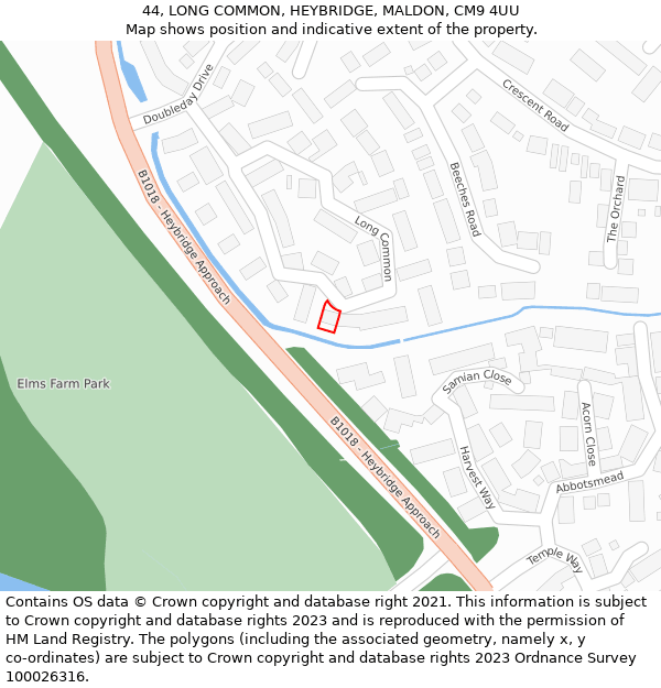 44, LONG COMMON, HEYBRIDGE, MALDON, CM9 4UU: Location map and indicative extent of plot