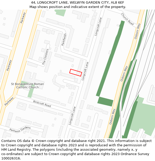 44, LONGCROFT LANE, WELWYN GARDEN CITY, AL8 6EF: Location map and indicative extent of plot