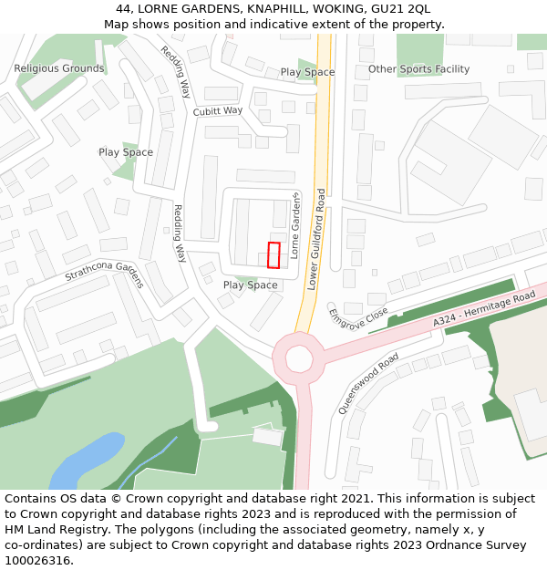 44, LORNE GARDENS, KNAPHILL, WOKING, GU21 2QL: Location map and indicative extent of plot