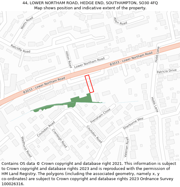 44, LOWER NORTHAM ROAD, HEDGE END, SOUTHAMPTON, SO30 4FQ: Location map and indicative extent of plot