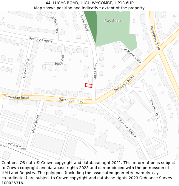 44, LUCAS ROAD, HIGH WYCOMBE, HP13 6HP: Location map and indicative extent of plot
