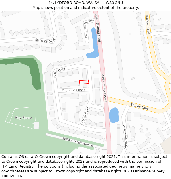 44, LYDFORD ROAD, WALSALL, WS3 3NU: Location map and indicative extent of plot