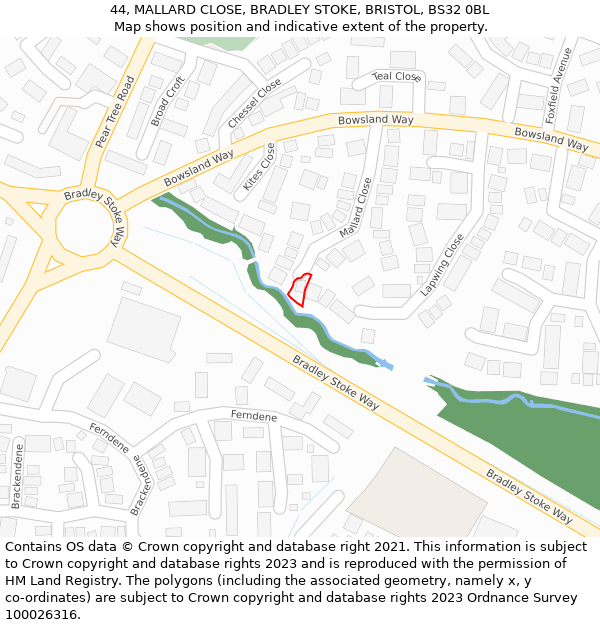 44, MALLARD CLOSE, BRADLEY STOKE, BRISTOL, BS32 0BL: Location map and indicative extent of plot