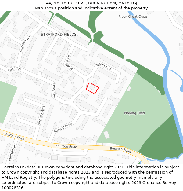 44, MALLARD DRIVE, BUCKINGHAM, MK18 1GJ: Location map and indicative extent of plot