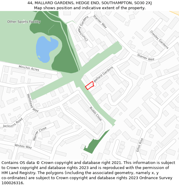 44, MALLARD GARDENS, HEDGE END, SOUTHAMPTON, SO30 2XJ: Location map and indicative extent of plot