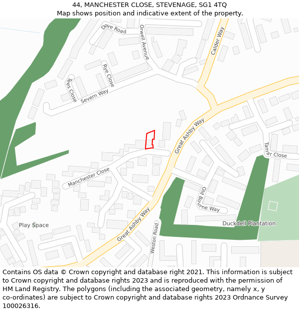 44, MANCHESTER CLOSE, STEVENAGE, SG1 4TQ: Location map and indicative extent of plot