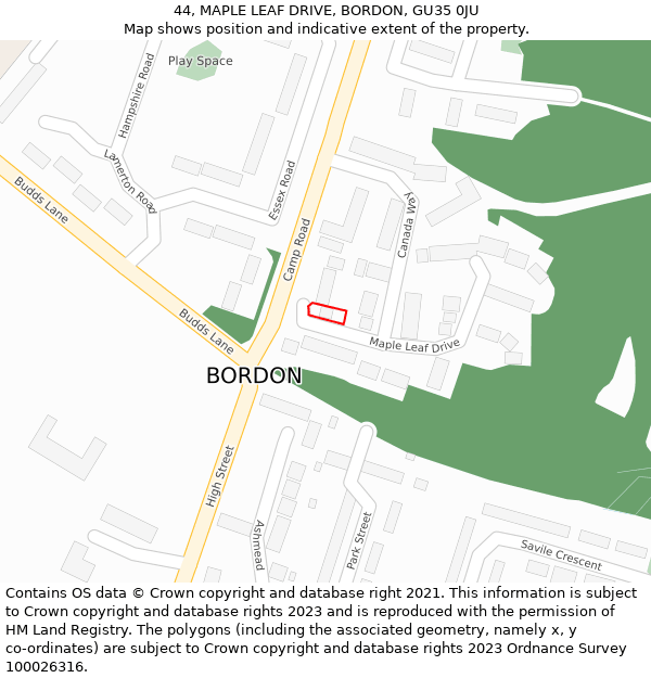 44, MAPLE LEAF DRIVE, BORDON, GU35 0JU: Location map and indicative extent of plot