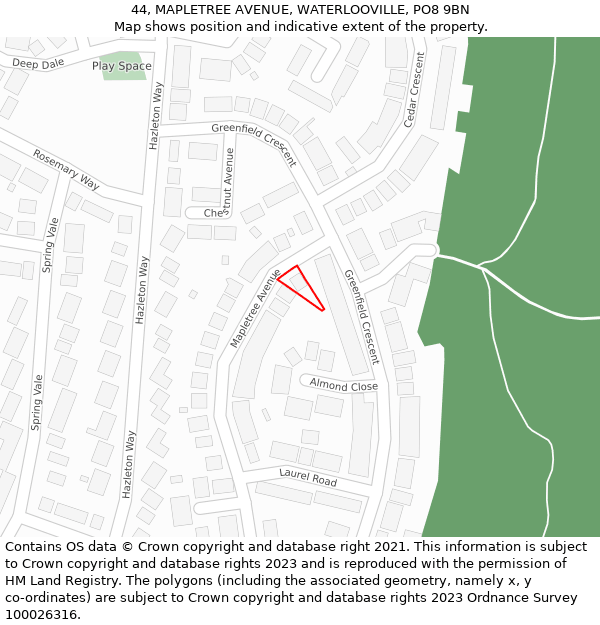 44, MAPLETREE AVENUE, WATERLOOVILLE, PO8 9BN: Location map and indicative extent of plot