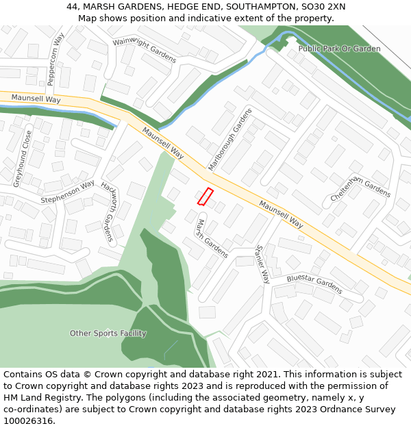 44, MARSH GARDENS, HEDGE END, SOUTHAMPTON, SO30 2XN: Location map and indicative extent of plot