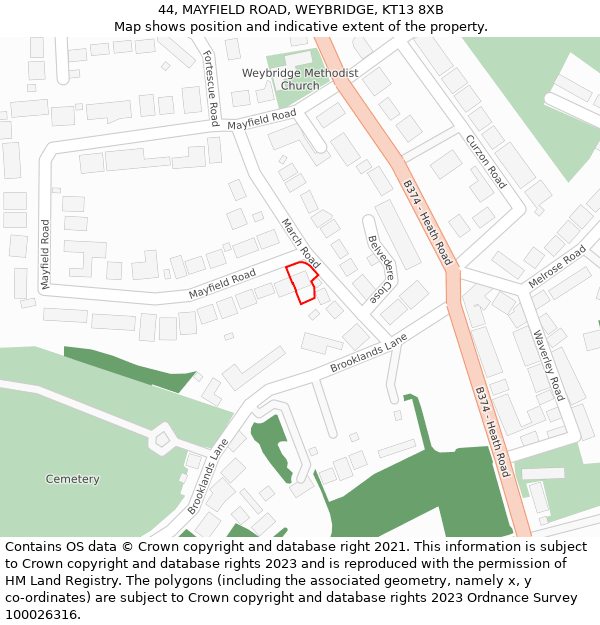 44, MAYFIELD ROAD, WEYBRIDGE, KT13 8XB: Location map and indicative extent of plot