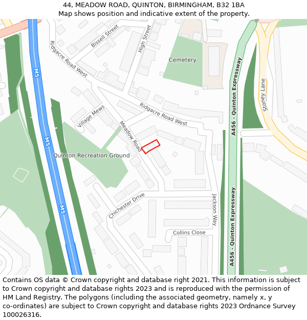 44, MEADOW ROAD, QUINTON, BIRMINGHAM, B32 1BA: Location map and indicative extent of plot